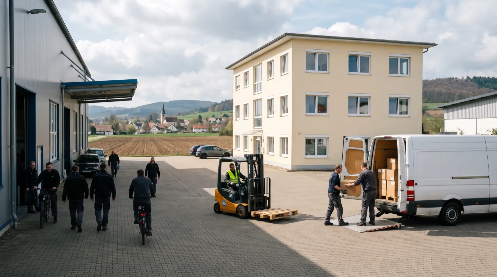 Illustratives Bild: Gewerbegebiet am Rand einer Kleinstadt.
