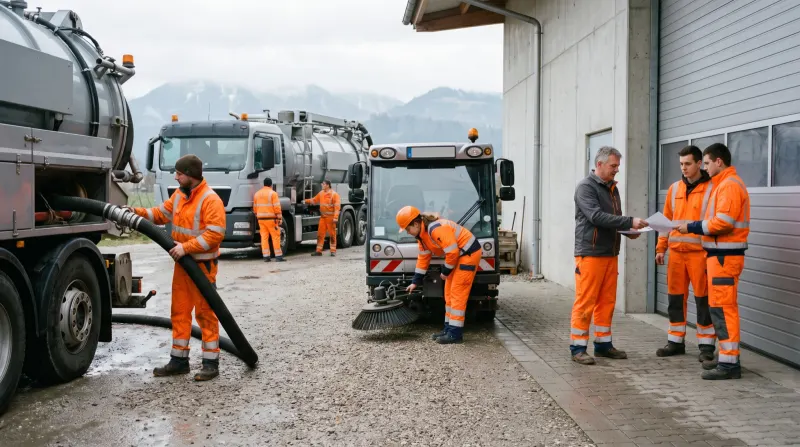 Illustratives Bild: Betriebshof eines Entsorgungsunternehmens am Morgen.