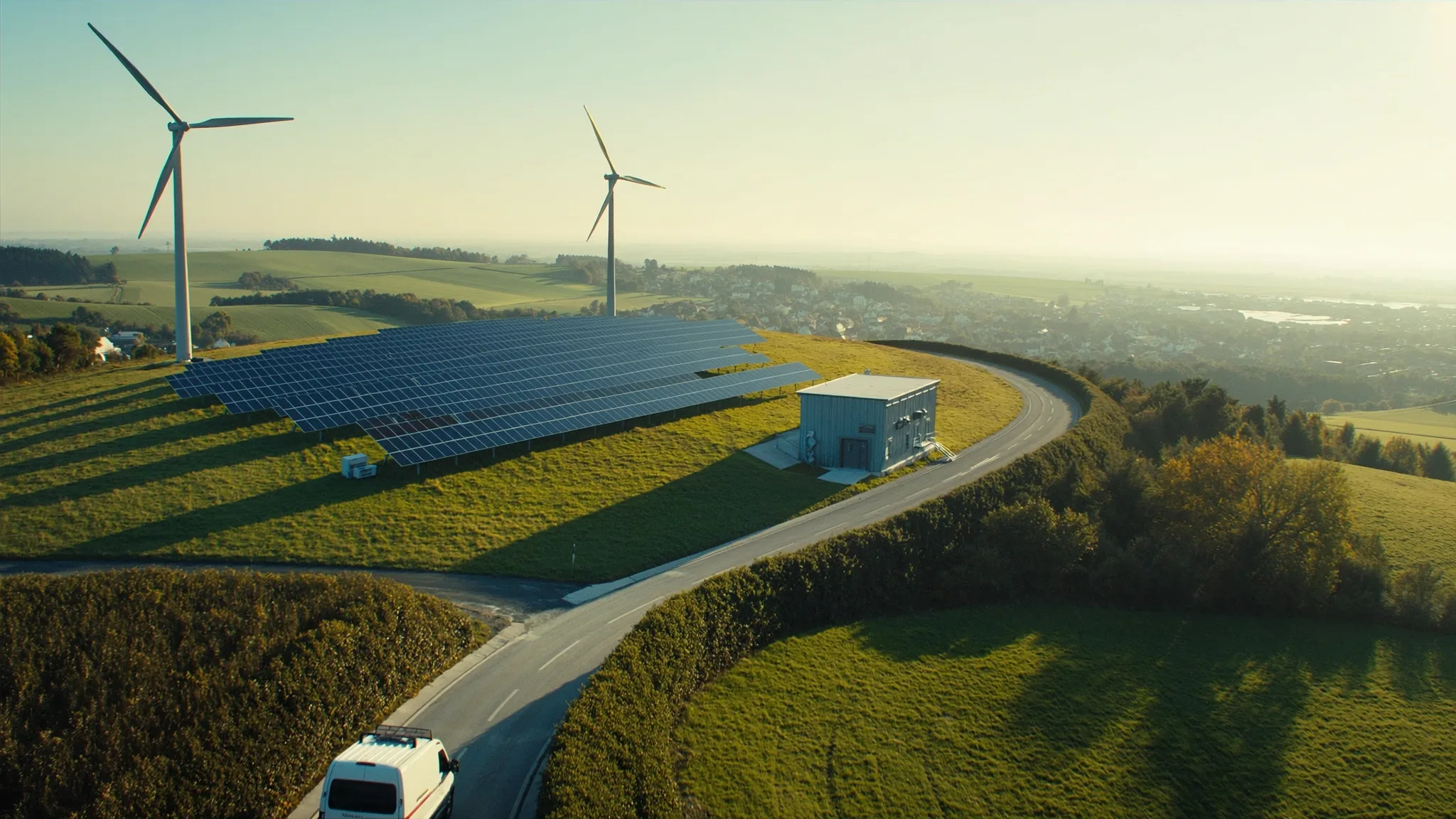 Illustrativer Solarpark mit Windrädern und Umspannstation.